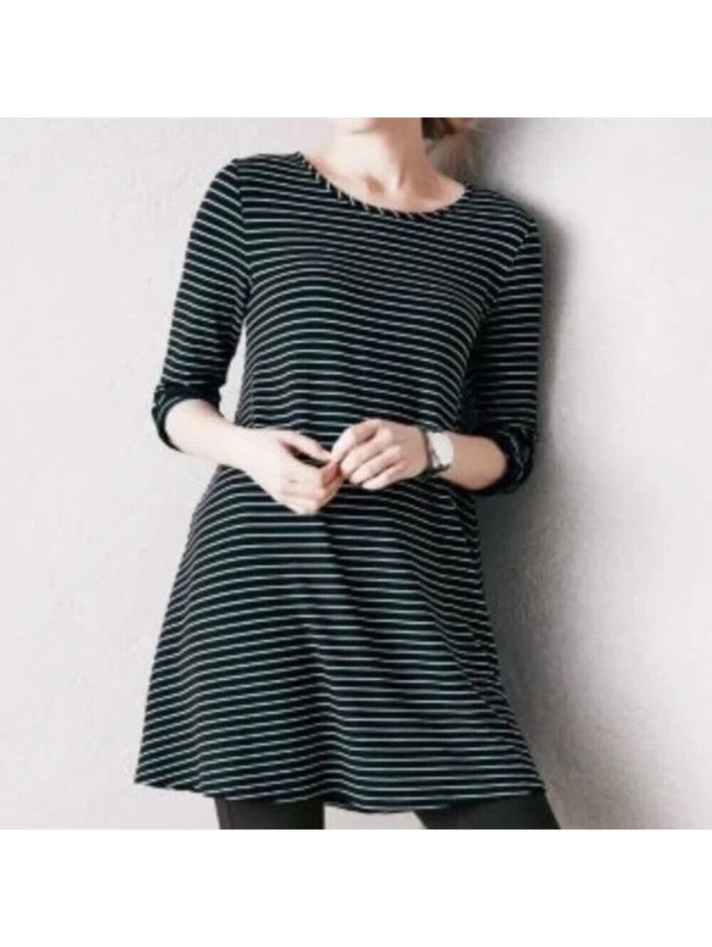 Garnet Hill EUC Women's Black White Striped French Terry A-Line Tunic Dress S
